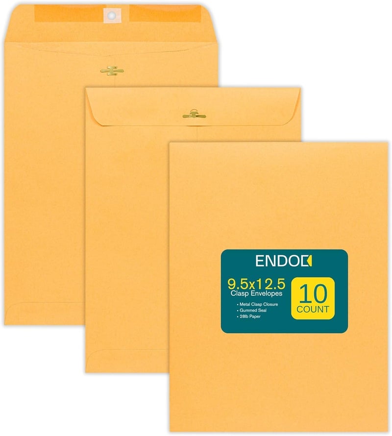 EnDoc 9 1/2 x 12 1/2 Clasp Envelopes - 10 Pack - Brown Kraft Catalog Envelopes Gummed Seal Closure – 28lb Heavyweight Paper 9.5x12.5 inch Envelopes for Home, Office, Business, Legal or School. - Image 1